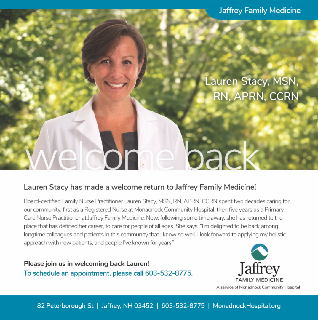 Welcome back Lauren Stacey has made a welcome return to Jaffrey Family Medicine