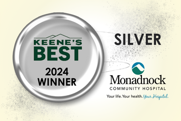 Keene’s Best 2024 Winner - Silver badge awarded to Monadnock Community Hospital, highlighting excellence in hospital services with the tagline 'Your life, your health, your hospital