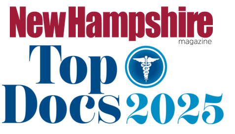 New Hampshire Magazine Top Docs 2025 logo with maroon, blue, and white text and a medical caduceus symbol in a circle.