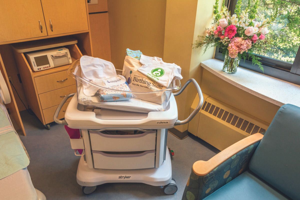 A cart in the Birthing Suite with some of the things new parents receive