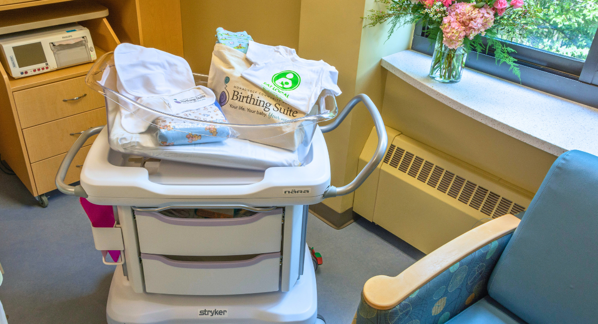 A cart in the Birthing Suite with some of the things new parents receive