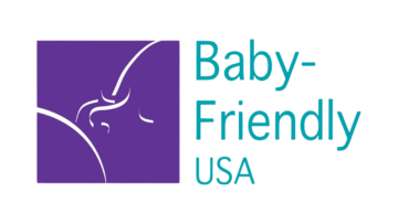Baby-Friendly USA logo featuring a stylized white outline of a mother cradling her baby against a purple background, with the words "Baby-Friendly USA" in teal tex