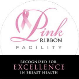 Pink Ribbon Facility logo with a pink ribbon and text reading “Recognized for Excellence in Breast Health