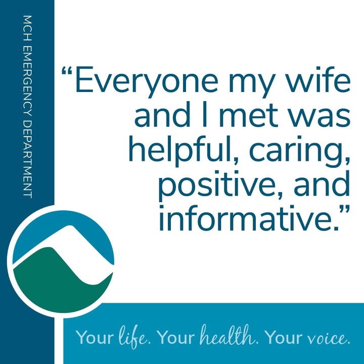 A quote reads, “Everyone my wife and I met was helpful, caring, positive, and informative.” Features MCH Emergency Department branding and the Monadnock Community Hospital logo. Tagline: "Your life. Your health. Your voice."