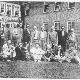 A photo of a group of doctors from the hospital archives. Pictured: unknown, Dr. Charles Harrington, 3 unknown, Dr. William Wilkins, 2 unknown, Dr. Loren Richards, Dr. Nathaniel Cheever, Dr. Frank Foster, Dr. Charles Cutler, unknown, Dr. Donald Clark, Dr. Francis Wozmak, Dr. Harry Morse, Dr. Wilkins, Dr. Claire Cayward