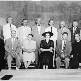 1950 - The Board of Trustees 1950: George Stewart, Claire Cayward, Frances Donovan, G A Morrison, Perkins Bass, Karl Musser, Al Bunce, Harold Fuller, 5 unknown, Reverend McKee