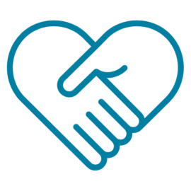 An outlined heart symbol formed by two hands shaking, representing care, collaboration, and mission