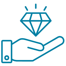 An outlined hand holding a diamond, representing high value, quality, and excellence