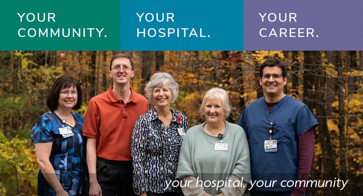 group of hospital employees with fall foliage in the background text reads your hospital your community your career