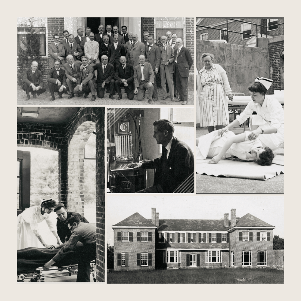Collage of historical photos including the first group of doctors nurses training a doctor with an anesthesia machine someone being brought in on a gurney and the original building