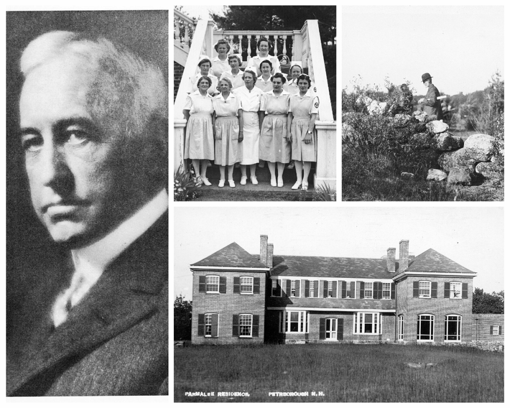 Collage of historical photos including original investor group of nurses horse drawn tools for building and the original building