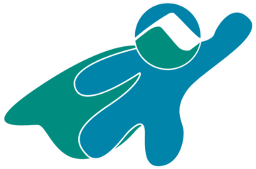 Thank a Caregiver logo blue and green man with a cape and mch logo for a head