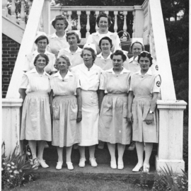 Nursing staff circa 1945: Ethel Record, Nellie Evans, Maud Miles, Superintendent, Madelyn Hopkins, Mae Bunce, unknown, Marian Adams, Eveline Senechal, Leah Hill, Toini Jukua Taylor, Edie Johnson