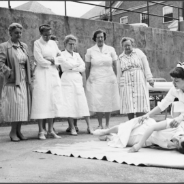 1958 - Participating in a Disaster Nursing Training program in 1958 were Minnie Hayden, Catherine L "Hodgie" Hodgen, Rachel Towle, Hazel Cadwell, unknown, Lillian Mahoney
