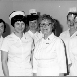 Special Care Nurses pictured: Donna Proudfoot, Mrs Mabel Larson, unknown, Jane McGettigan, Janet Andrews Dow, and Phyllis Phelps