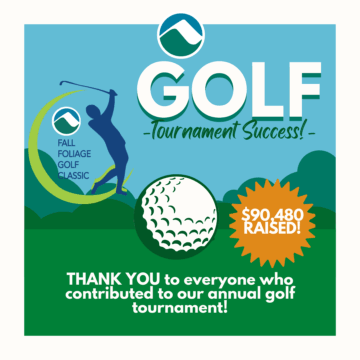 Graphic announcing Monadnock Community Hospital’s Fall Foliage Golf Classic success, featuring a golfer silhouette, golf ball, and text that reads “Golf Tournament Success! $90,480 Raised! Thank you to everyone who contributed to our annual golf tournament!”