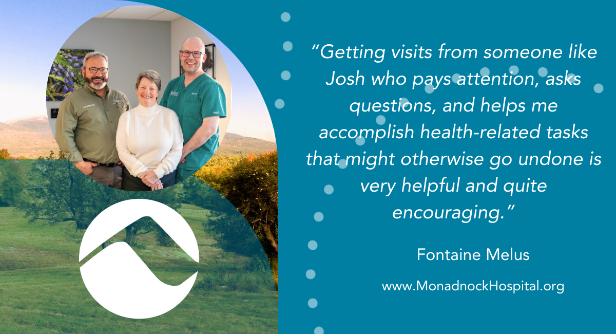 A testimonial graphic featuring a circular photo of Fontaine Melus standing between Dr. Lucas Shippee and Joshua Patrick. The quote reads: “Getting visits from someone like Josh who pays attention, asks questions, and helps me accomplish health-related tasks that might otherwise go undone is very helpful and quite encouraging.” – Fontaine Melus. Includes the MCH logo and website.