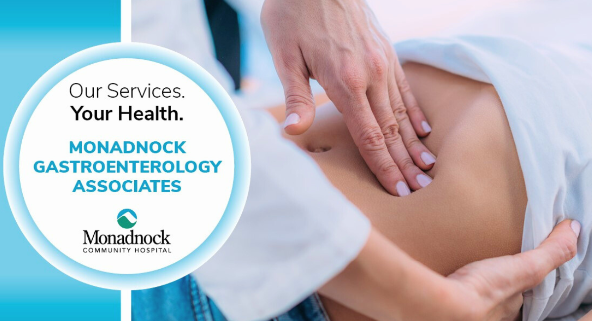 Promotional graphic for Monadnock Gastroenterology Associates. On the left, a circular badge reads “Our Services. Your Health. Monadnock Gastroenterology Associates” with the Monadnock Community Hospital logo below. On the right, a close-up photo shows a healthcare provider pressing gently on a patient’s abdomen during an exam.