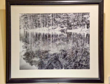 Black and white photos of trees reflecting on water with ripples disturbing the reflection