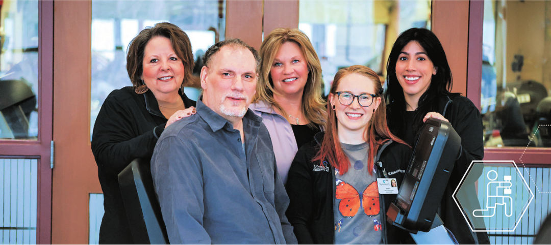 From left to right: Essy Moverman, RRT, RCP, CTTS, Outpatient Pulmonary Coordinator; Bruce Barsalou; Dawne Beamer, Respiratory Therapist; Kiara Burek, Exercise Physiologist; Gabby Trust, Exercise Physiologist