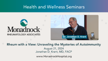 Promotional graphic for Dr. Jonathan D. Krant's seminar on understanding autoimmune diseases, hosted by Monadnock Community Hospital.