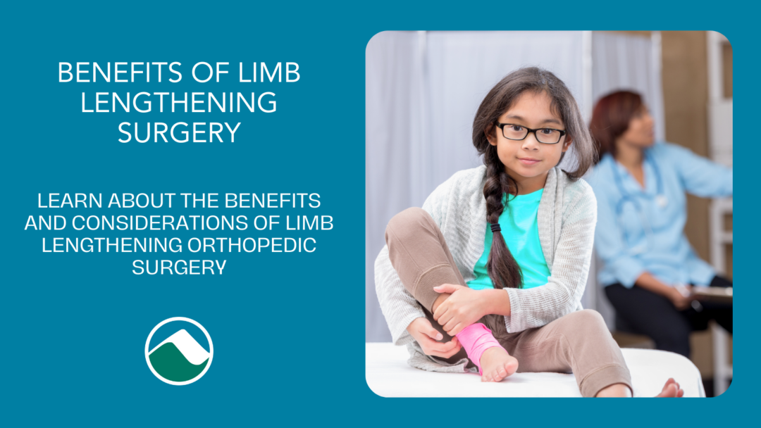 Teal background with the title "Benefits of Limb Lengthening Surgery: Learn about the benefits and consideration of limb lenthening orthopedic surgery." The image features a young girl sitting on a medical examination table, looking at the camera. The Monadnock Community Hospital logo is at the bottom.