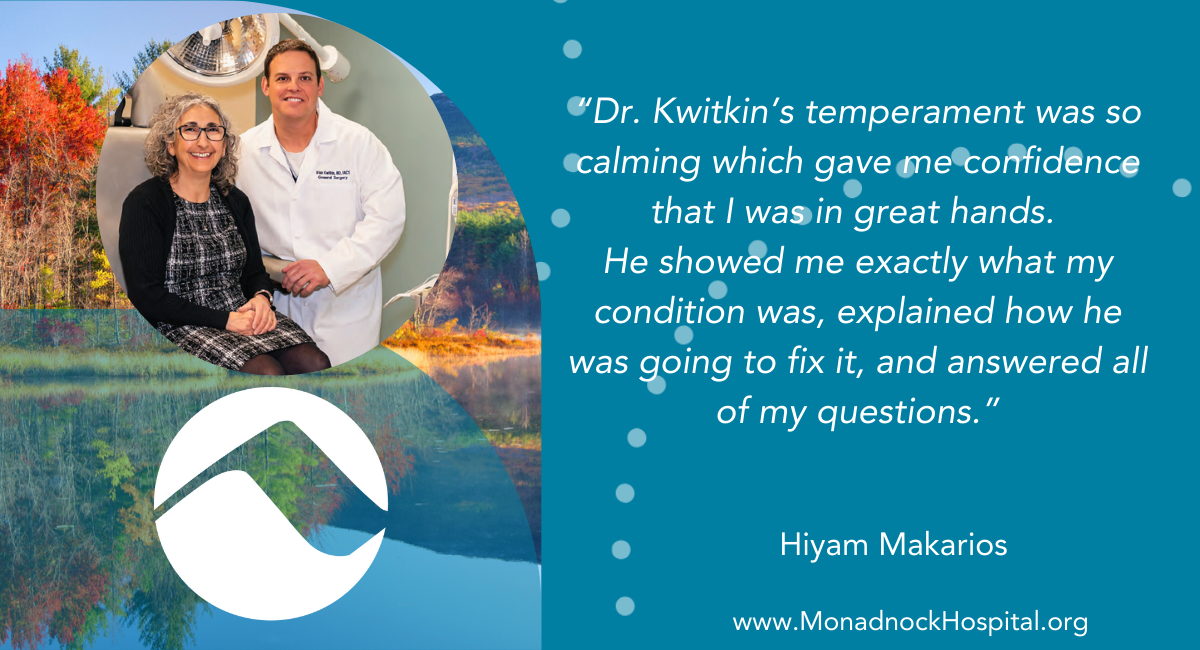 Testimonial image featuring Dr. Kwitkin with a satisfied patient, highlighting the positive impact of access to surgical specialists at Monadnock Community Hospital