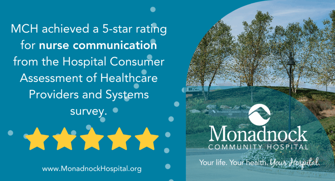 Graphic announcing Monadnock Community Hospital’s achievement of a 5-star rating for nurse communication from the Hospital Consumer Assessment of Healthcare Providers and Systems (HCAHPS) survey. The design features five gold stars, the Monadnock Community Hospital logo, tagline “Your life. Your health. Your Hospital.”, and the website address www.MonadnockHospital.org , with a background image of trees and the hospital campus.