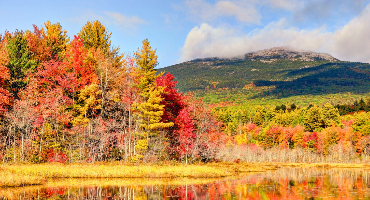 Mount Monadnock surrounded by fall foliage with clouds overhead