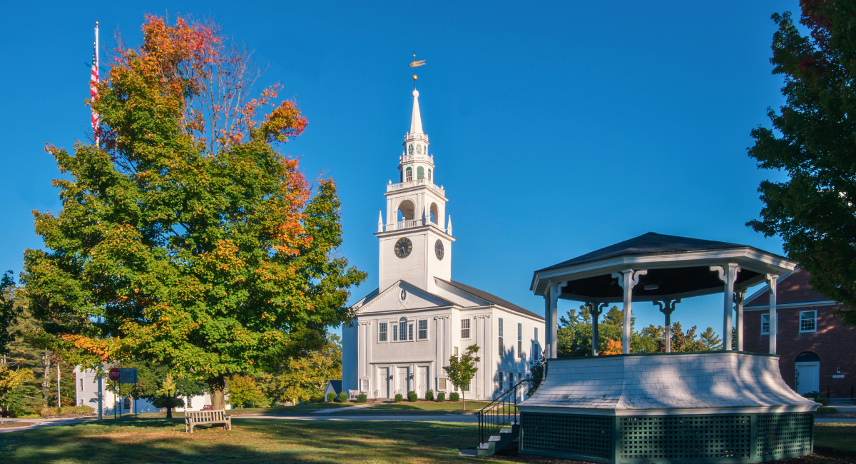 Beautiful depiction of Hancock with Hancock Congregational Church and a peaceful, small-town atmosphere