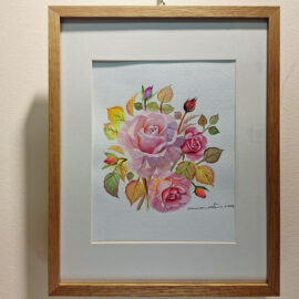 Framed watercolor painting of a bouquet of roses in pink hues with delicate green leaves, showcasing an elegant and soft floral arrangement