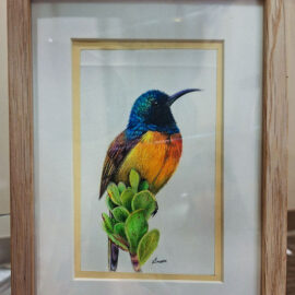 Framed painting of a small bird with a blue head, vibrant orange breast, and perched on green foliage, capturing the bird's striking plumage and inquisitive gaze