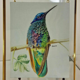 Illustration of a vibrant hummingbird perched on a branch, with iridescent blue and green feathers. The artwork captures the bird's striking colors and intricate details, framed in a gold frame.