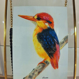 Colorful illustration of a kingfisher with brilliant red, orange, and blue plumage, perched on a branch. The bird's vivid colors and detailed features are highlighted within a gold frame