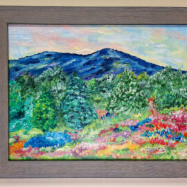 Colorful impressionist painting of a lush mountain landscape. The foreground is filled with colorful wildflowers, while the background features a serene mountain range under a pastel sky