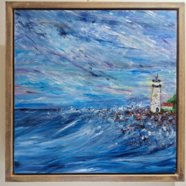 Oil painting of a lighthouse on a rocky coast during a storm. The turbulent waves crash against the rocks under a dramatic sky, showcasing the strength and resilience of the lighthouse