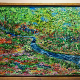 An impressionist painting of a winding stream through a colorful, flower-filled landscape. The vibrant palette includes greens, reds, purples, and blues, creating a lively depiction of nature.