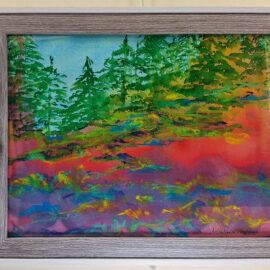 A landscape painting with vibrant green trees and a bright, abstract background of reds, oranges, and purples. The use of bold colors and abstract shapes gives the impression of a lively, dynamic forest