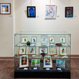 rt gallery view of a glass display cabinet filled with framed paintings. The cabinet showcases colorful bird illustrations on the top and middle shelves, with landscape paintings on the bottom shelf. Paintings hang on the walls around the cabinet, providing a vibrant and diverse art collection