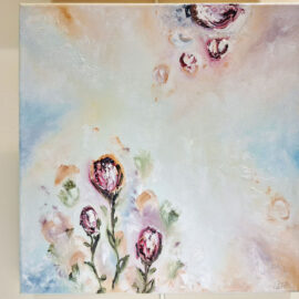 n abstract painting with a soft pastel color palette, featuring swirling brush strokes and delicate pink flowers emerging from the bottom center of the canvas against a light blue and peach background