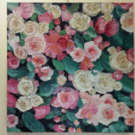 A close-up of the painting titled "Roses" by Caroline Gomez. The painting features an intricate and textured arrangement of roses in vibrant pink, cream, and green hues, densely packed together to create a lush and colorful tapestry