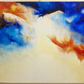 An abstract painting featuring a blend of vibrant colors, including shades of blue, orange, and white, creating an impression of a mystical landscape