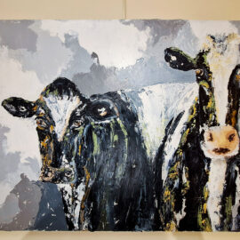 A textured painting of two cows, depicted in black and white with a backdrop of abstract grey clouds