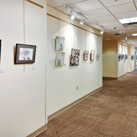 A stretch of hallway at Monadnock Community Hospital with framed artworks lining the walls. The paintings and drawings, which vary in style and subject, are evenly spaced, creating a gallery-like ambiance. The view extends to an open door at the end of the hallway, allowing natural light to enter