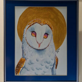 A watercolor painting by Kiera Burak of a barn owl with a rainbow of colors throughout its feathers. The owl is centered against a golden halo, highlighting its large, expressive eyes and intricate feather details