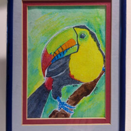 A watercolor painting by Kiera Burak of a toucan perched on a branch. The bird is vividly colored, with a bright yellow and orange beak, set against a lively green background that emphasizes its tropical nature