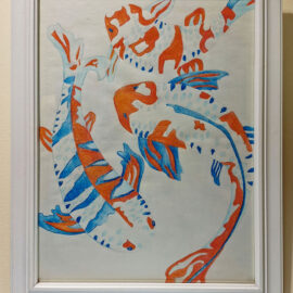 An ink and colored pencil drawing by Leon Brassard depicting two koi fish swimming in a circular pattern. The fish are rendered in shades of blue and orange, with intricate patterns and designs accentuating their scales