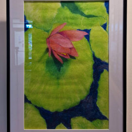 A colored pencil drawing by Leon Brassard of a water lily pad with a single pink flower. The artwork captures the lush green of the leaves and the delicate pink of the flower, creating a serene and peaceful scene