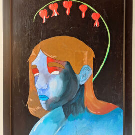 A framed painting of a woman's face rendered in bold colors with a somber expression. Her face is painted in shades of blue and orange, and above her head is an arch of bleeding heart flowers against a dark background