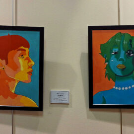 Two framed paintings displayed together. The left painting shows a side profile of a person with a red pixie cut and warm orange tones, set against a teal background. The right painting features a person with teal skin and green hair, adorned with a pearl necklace, set against an orange background